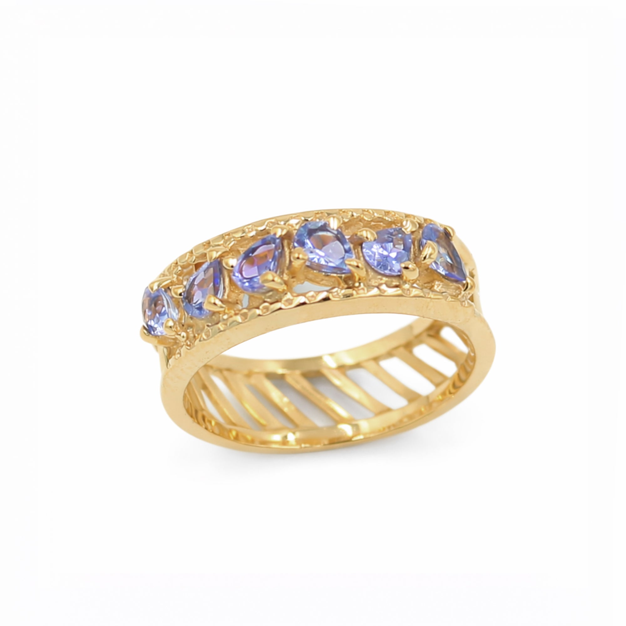 Tanzanite Five Pear Stone Ring in 925 Sterling Silver Straight Style Designer Band