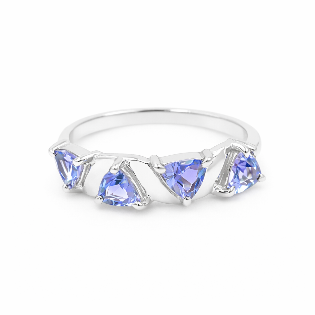 Blue Quad Trillion Tanzanite Ring in 925 Sterling Silver Abstract Designer Statement Ring