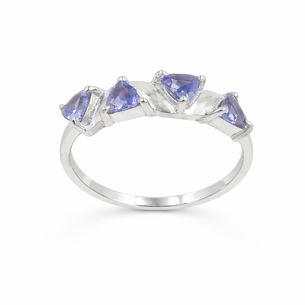 Blue Quad Trillion Tanzanite Ring in 925 Sterling Silver Abstract Designer Statement Ring