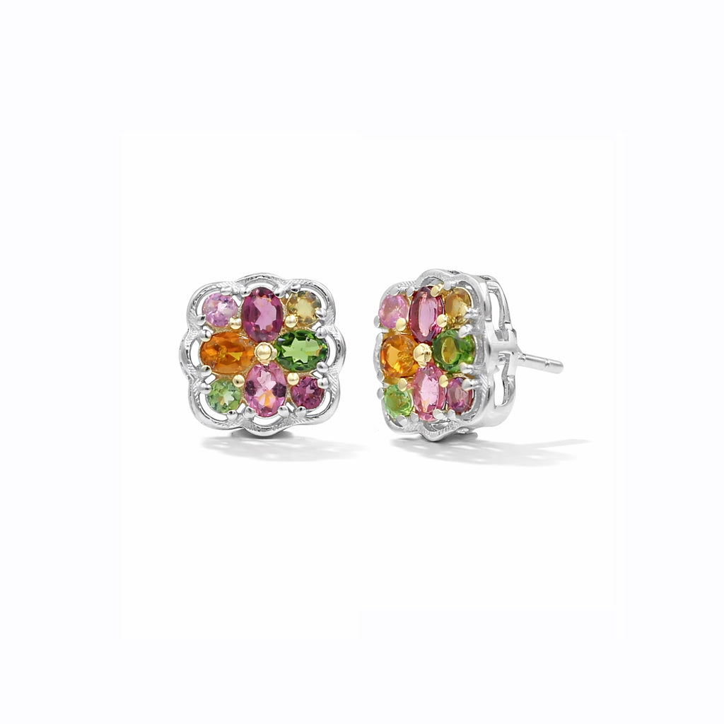 Multi Tourmaline Floral Stud Earrings 925 Silver