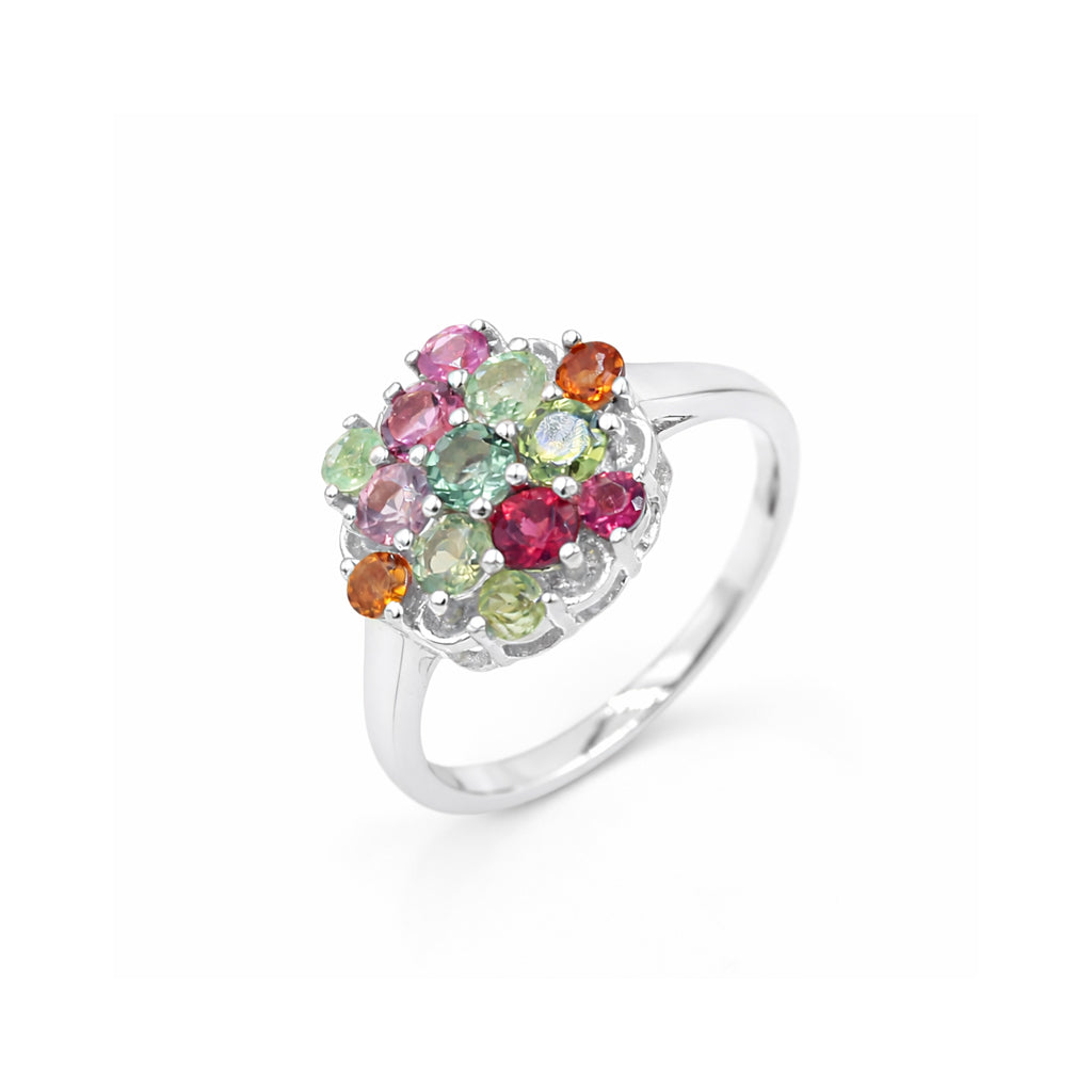 Royal Multi Tourmaline Round Cluster Ring in 925 Sterling Silver