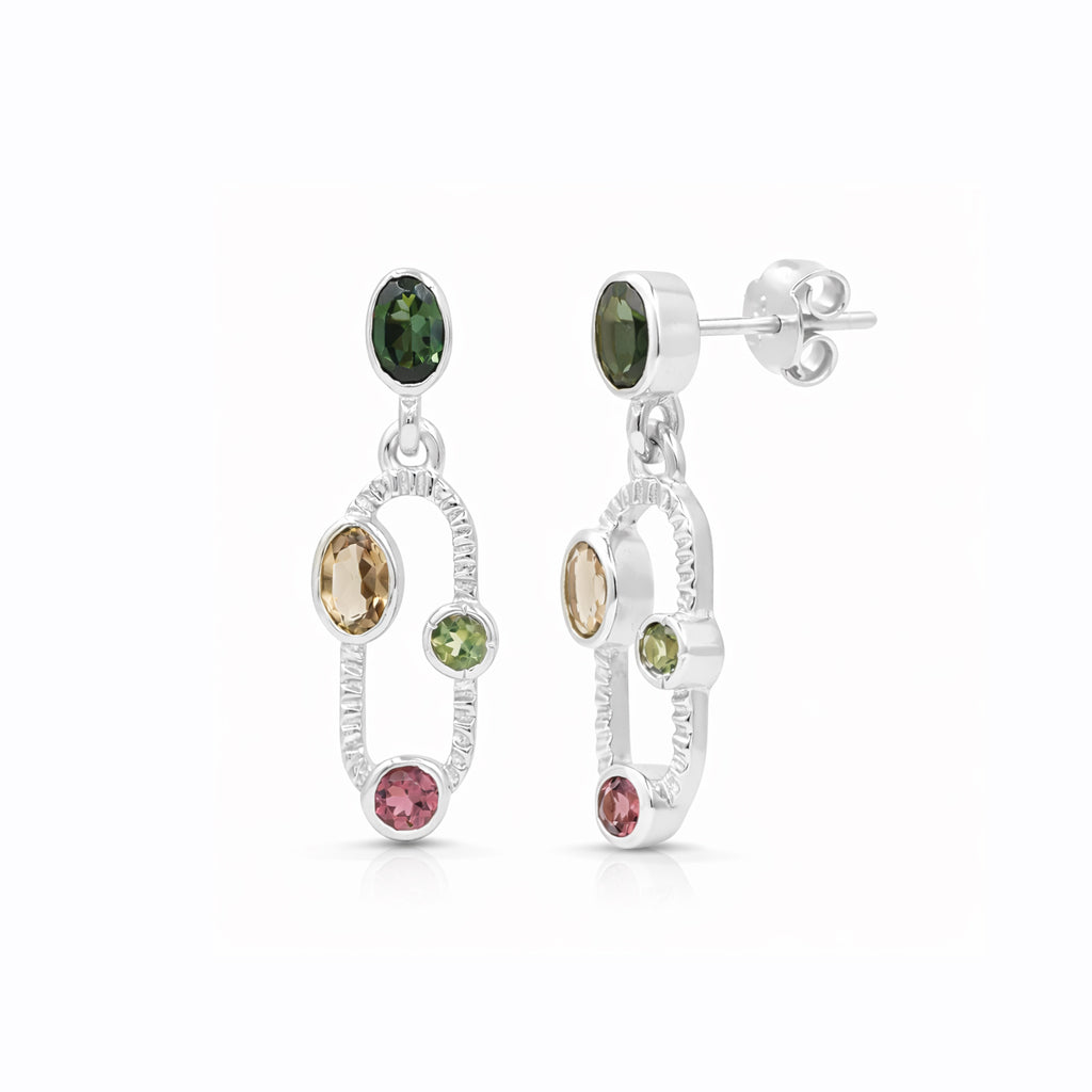 Multi Tourmaline Oval & Round Drop Earrings in 925 Sterling Silver
