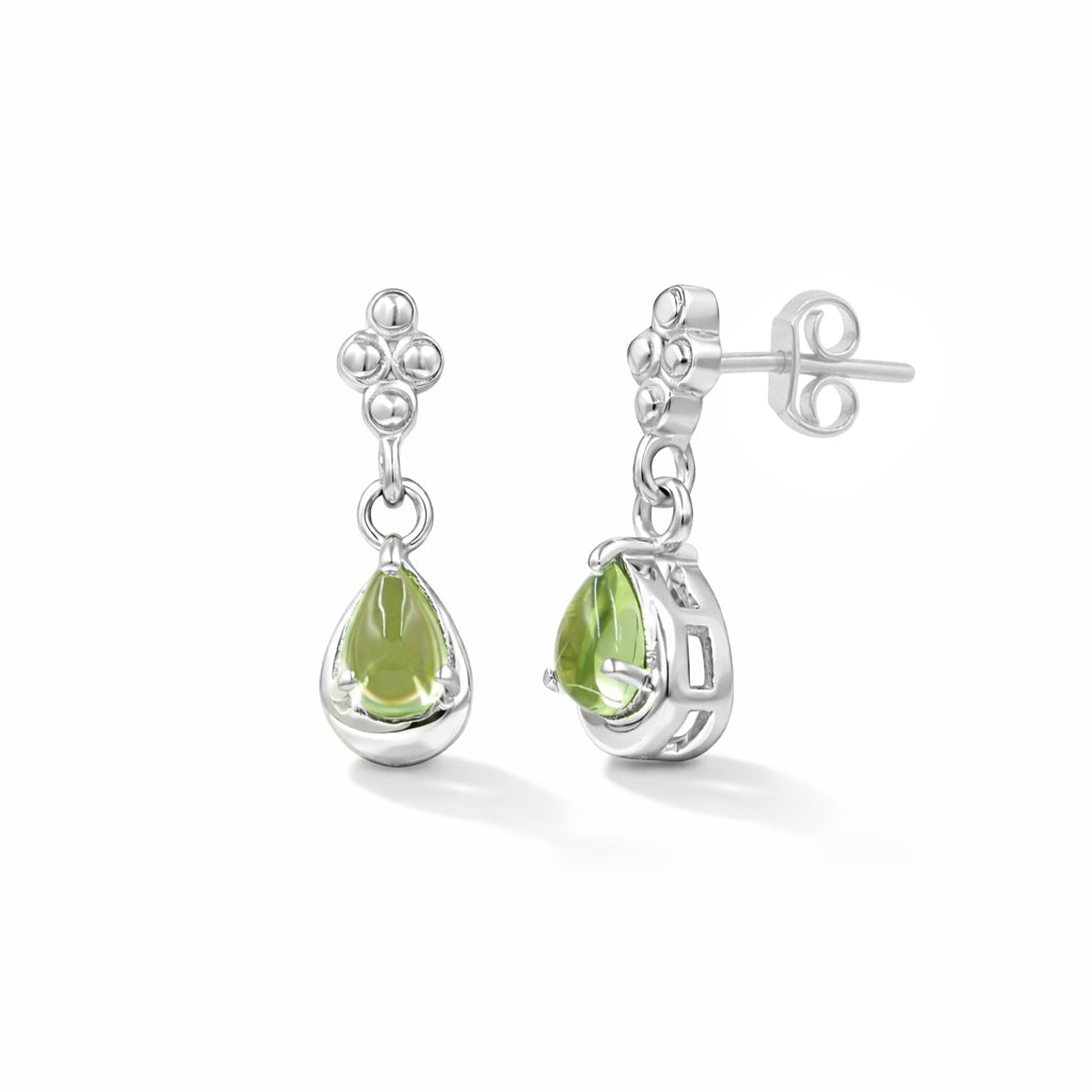 Peridot Cabochon Quatrefoil Drop Earrings in 925 Silver