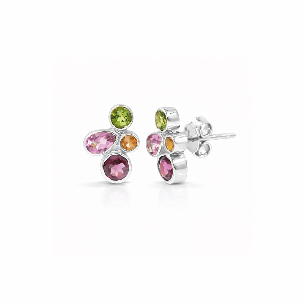 Fancy Modern Multi Tourmaline Stud Earrings in 925 Silver