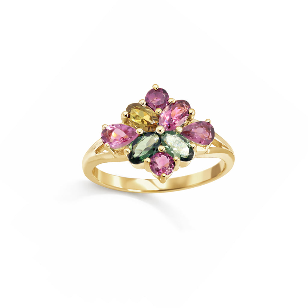Luxury Multi Tourmaline Summer Flower Ring in 925 Sterling Silver