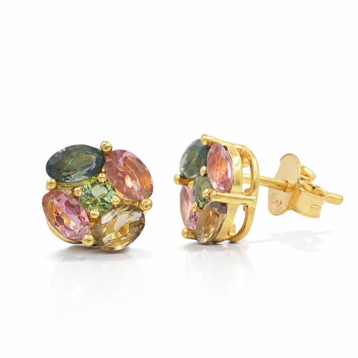 Retro Multi Tourmaline Stud Earrings in 925 Silver