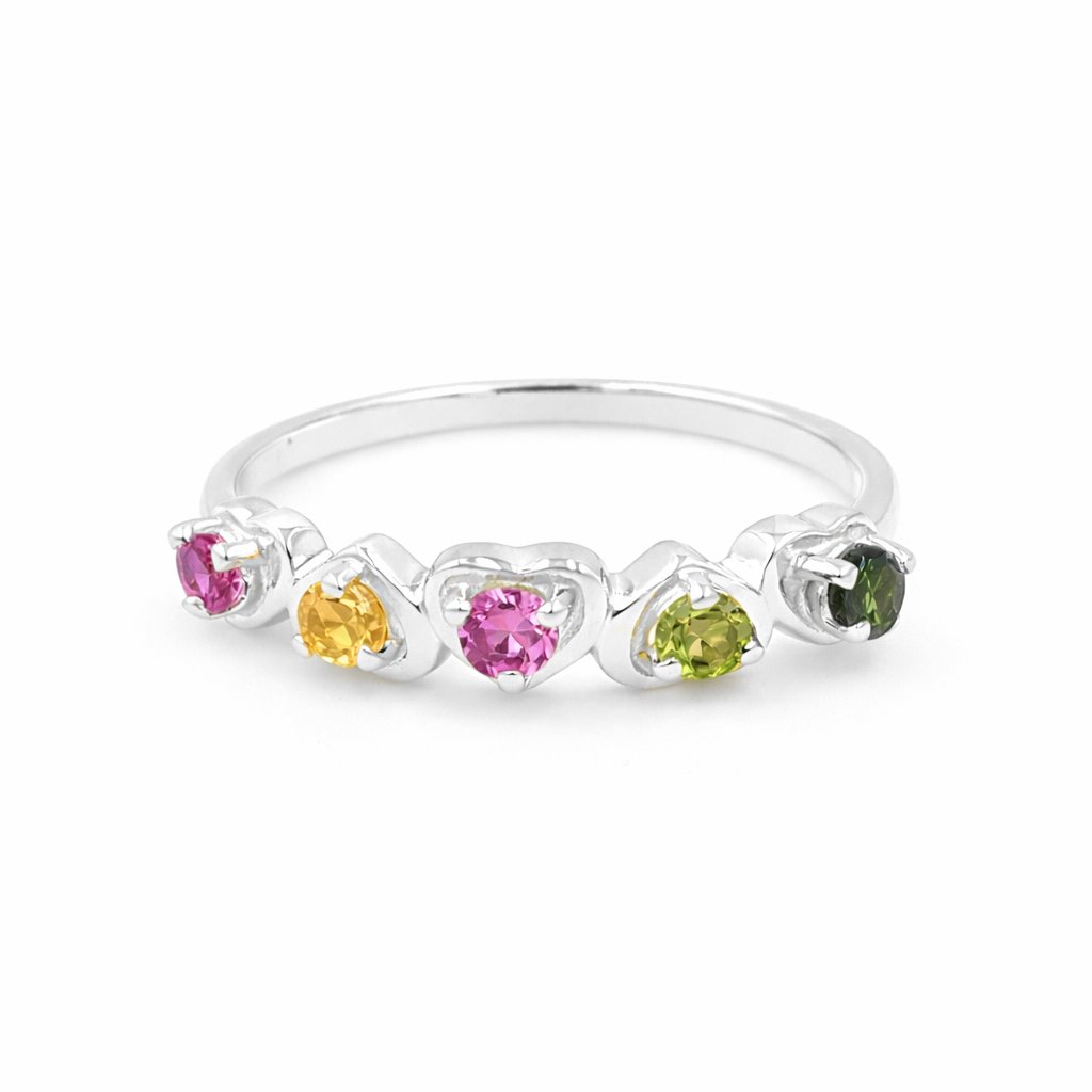 Multi Tourmaline Five Stone Heart Band Ring in 925 Sterling Silver