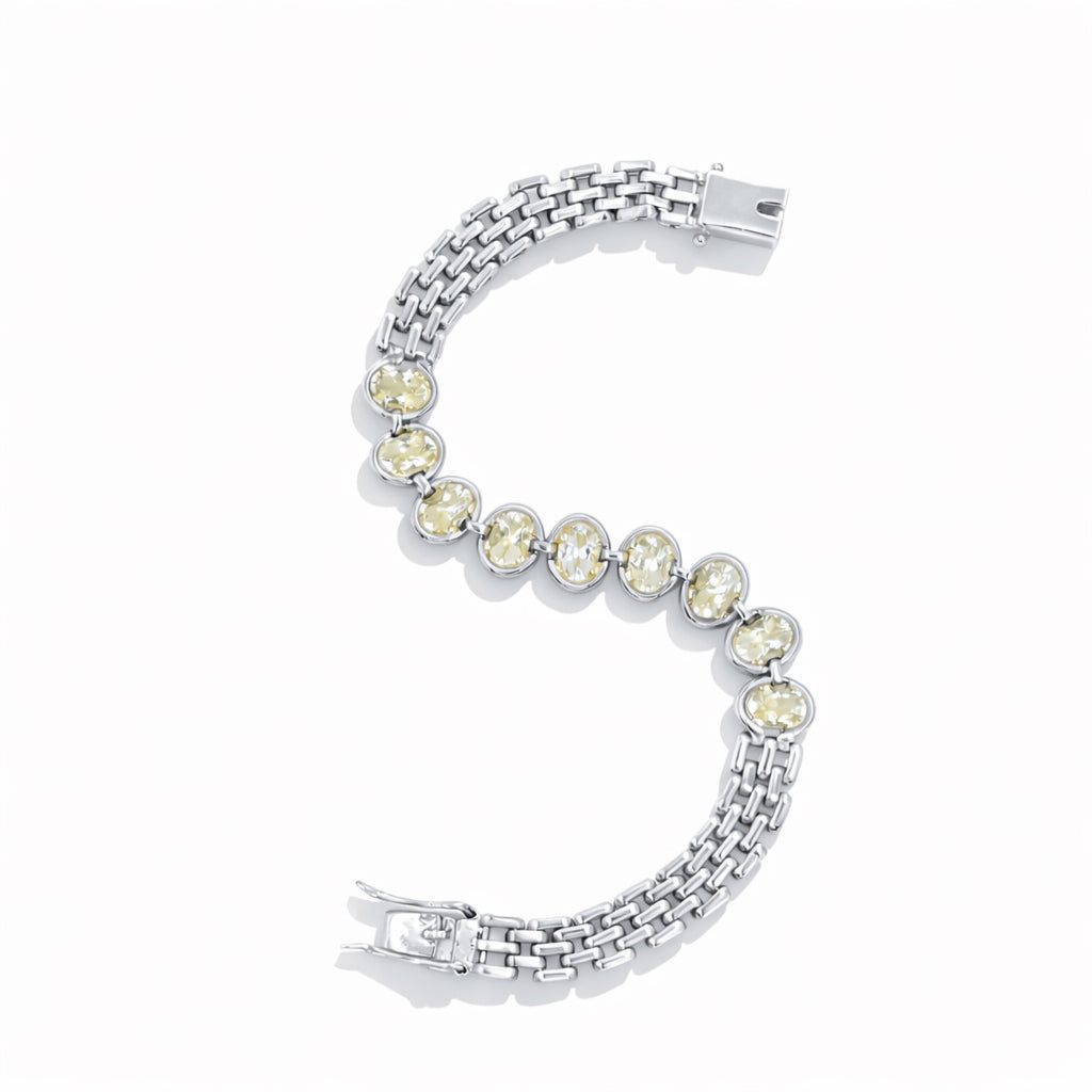 Yellow Aquamarine Oval Stone Mesh Chain Bracelet in 925 Silver