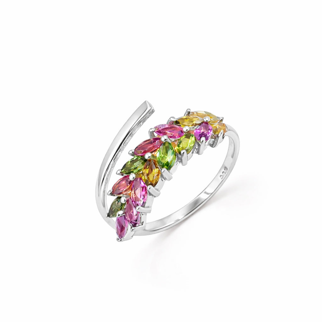 Multi Tourmaline Marquise Leaf Design Ring in 925 Silver