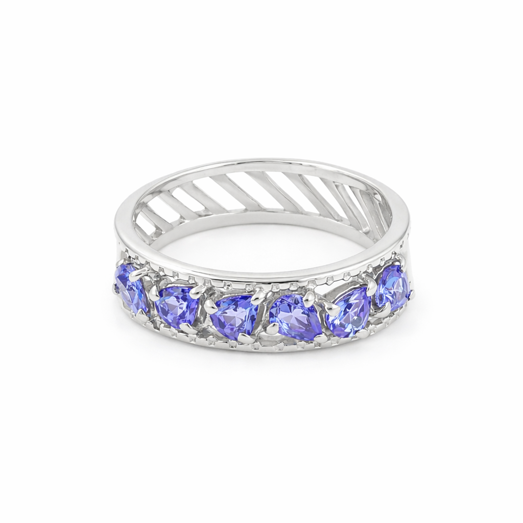 Tanzanite Five Pear Stone Ring in 925 Sterling Silver Straight Style Designer Band