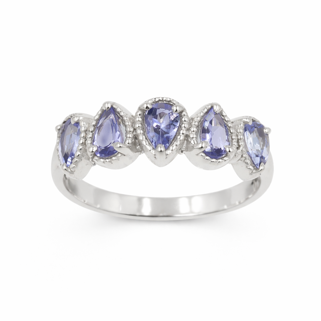 Five Pear Tanzanite Cluster Ring in 925 Silver