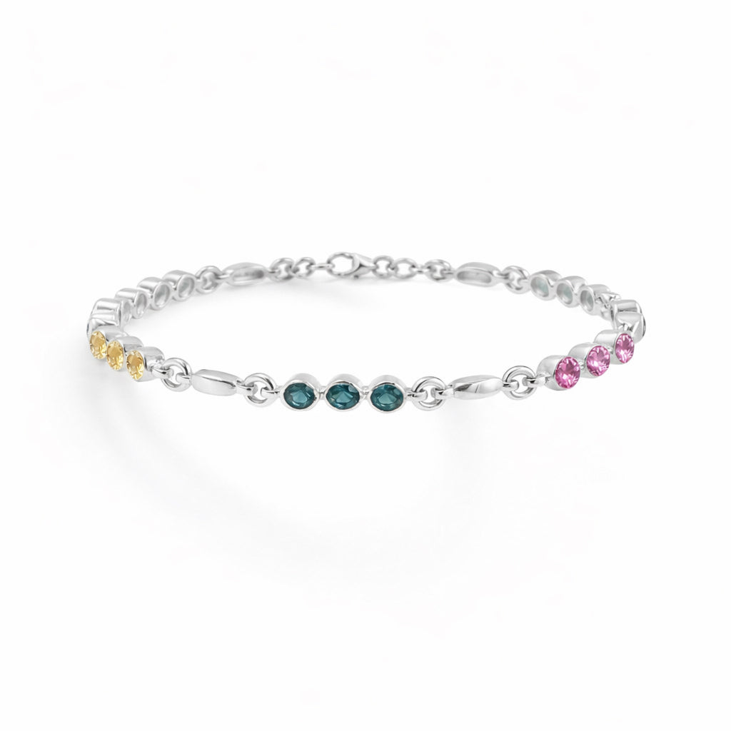 Multi Tourmaline Three Stone Round Charm Set Link Bracelet in 925 Silver