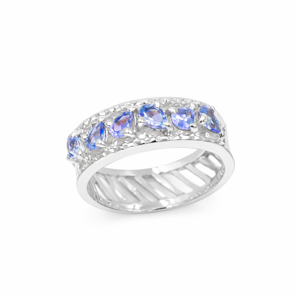 Tanzanite Five Pear Stone Ring in 925 Sterling Silver Straight Style Designer Band