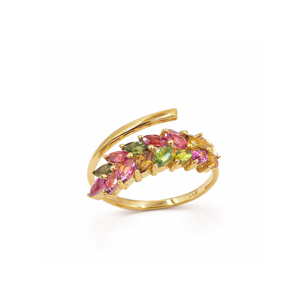 Multi Tourmaline Marquise Leaf Design Ring in 925 Silver