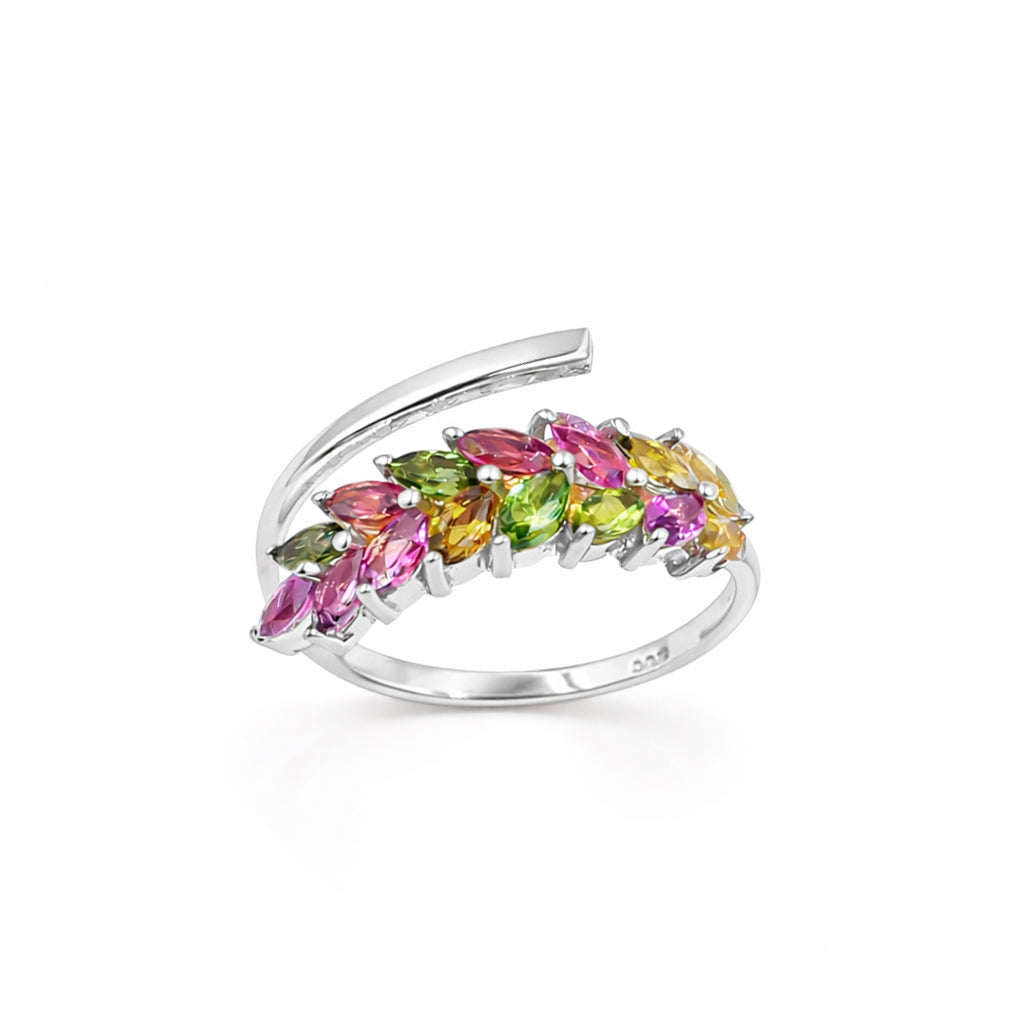Multi Tourmaline Marquise Leaf Design Ring in 925 Silver