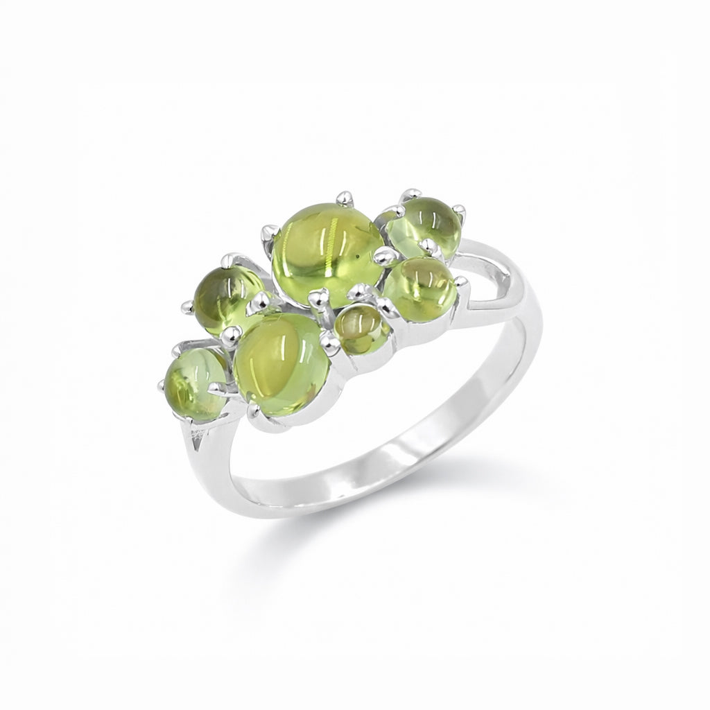 Seven Stone Peridot Cabochon Ring in 925 Silver