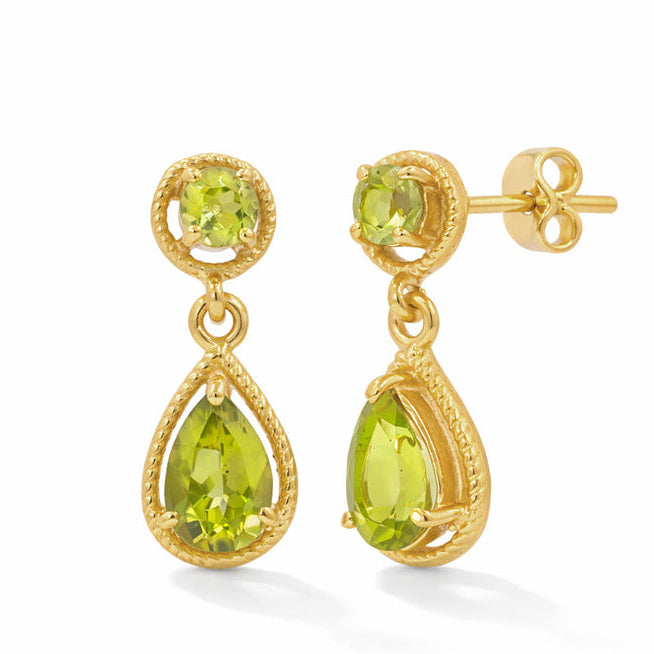 Peridot Link Drop Earrings Round and Pear Design in 925 Silver