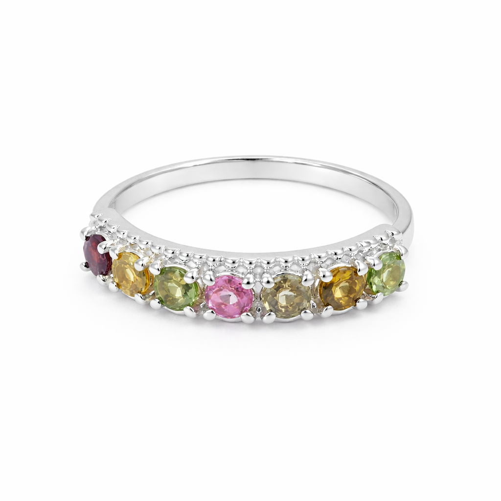 Multi Tourmaline Seven Stone Half-Eternity Ring in 925 Silver