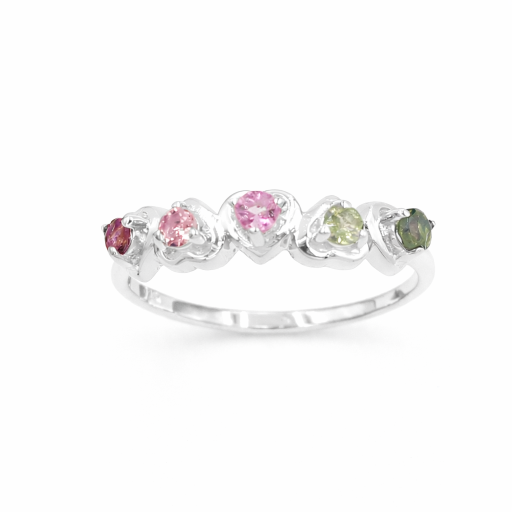 Multi Tourmaline Five Stone Heart Band Ring in 925 Sterling Silver