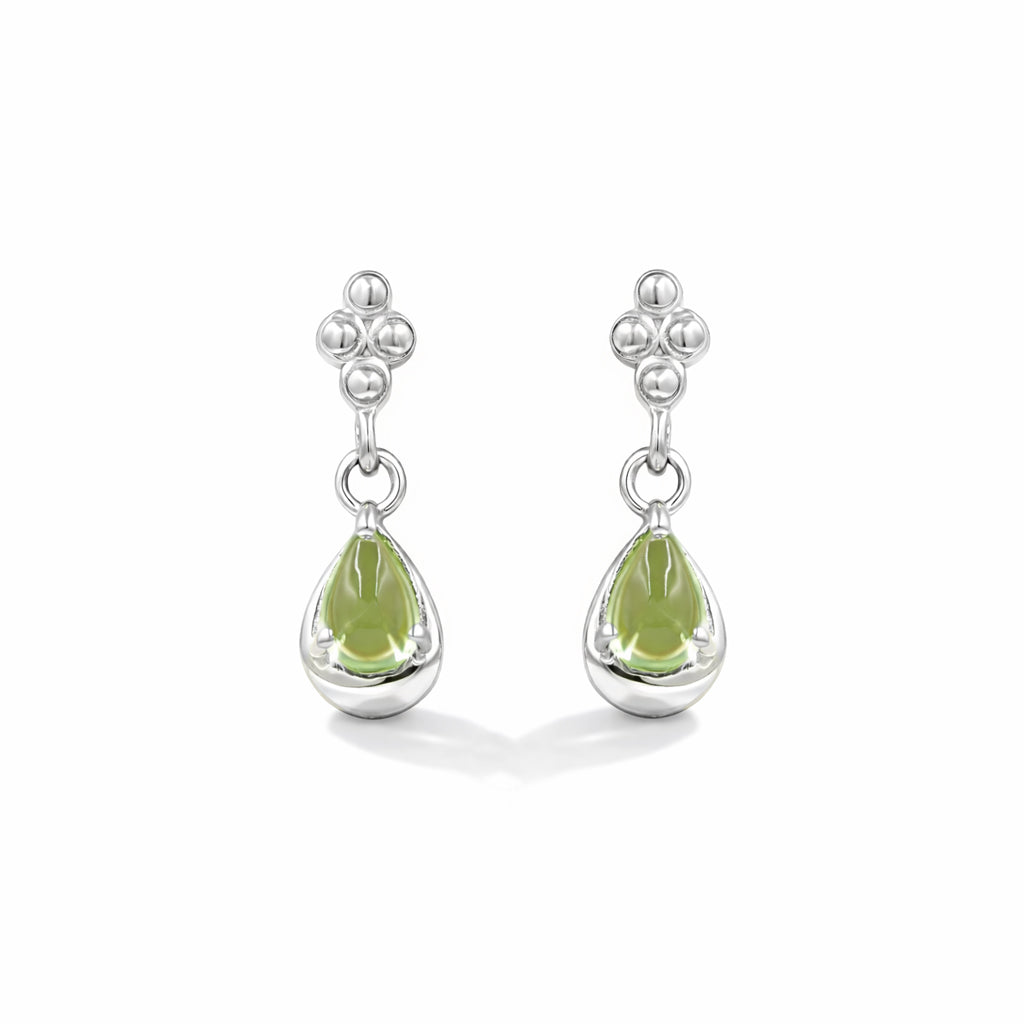 Peridot Cabochon Quatrefoil Drop Earrings in 925 Silver