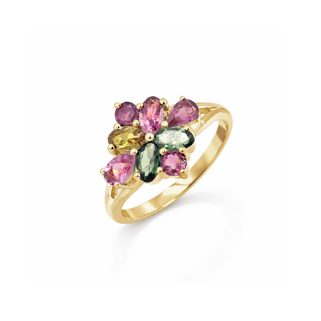 Luxury Multi Tourmaline Summer Flower Ring in 925 Sterling Silver