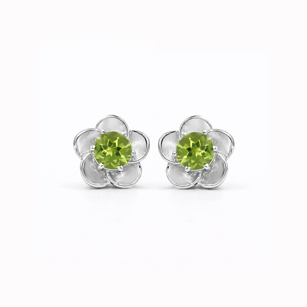 Peridot Flower Stud Earrings Floral Petal Design in 925 Silver