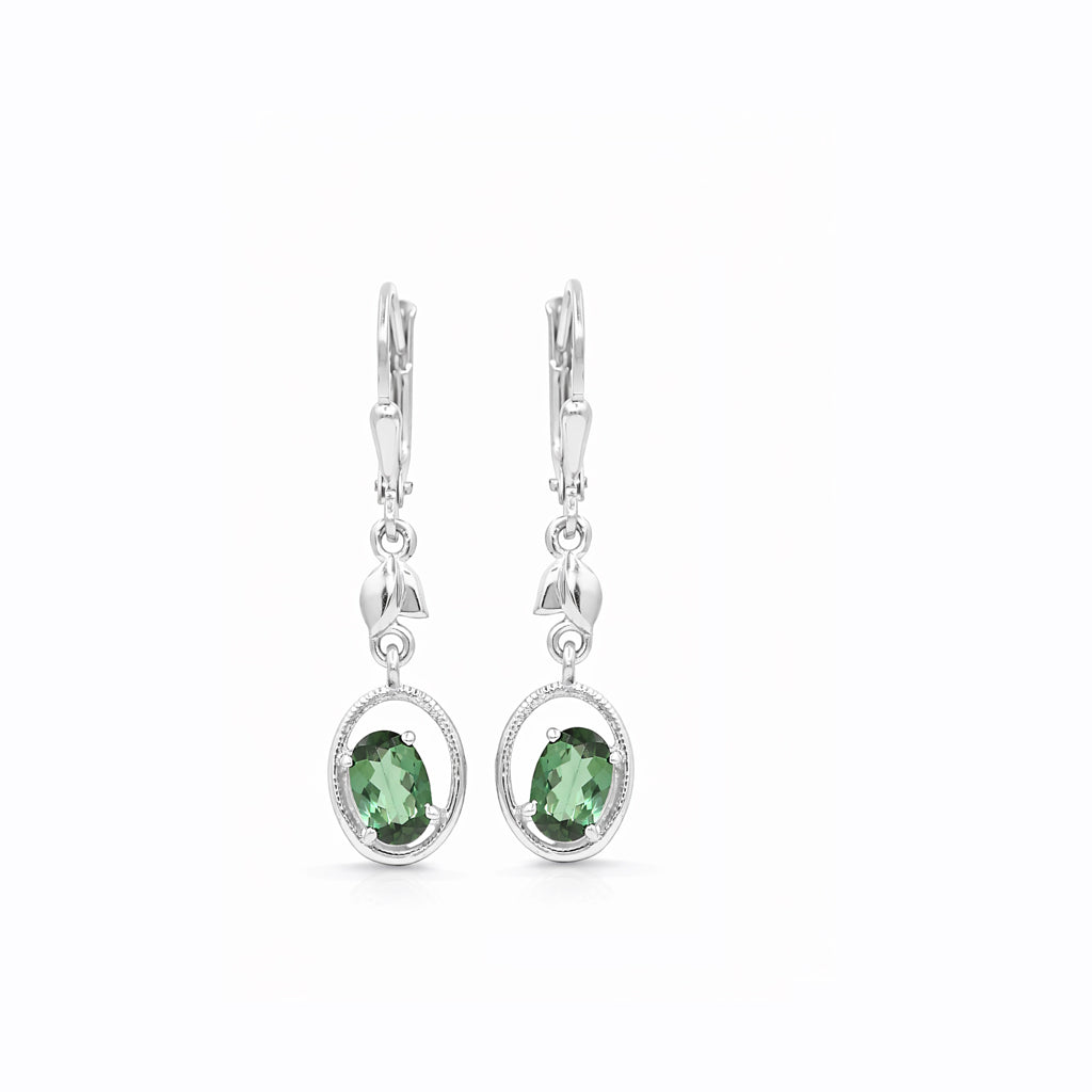 Oval Green Tourmaline Leaf Charm Lever back Earrings in 925 Silver