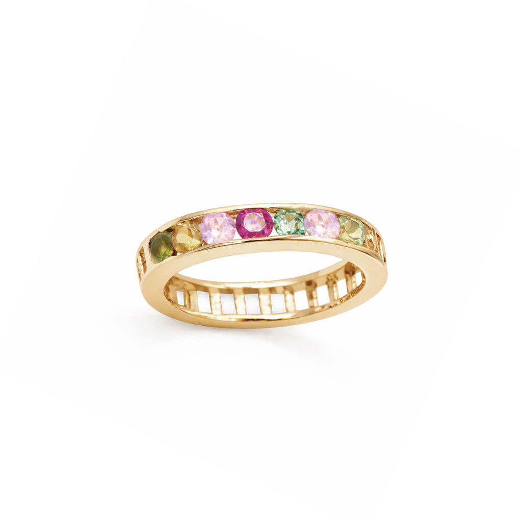 Multi Tourmaline Oval Bar Ring in 925 Sterling Silver Gold Plated