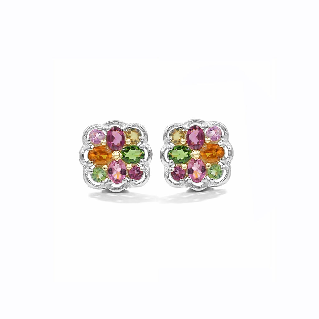 Multi Tourmaline Floral Stud Earrings 925 Silver