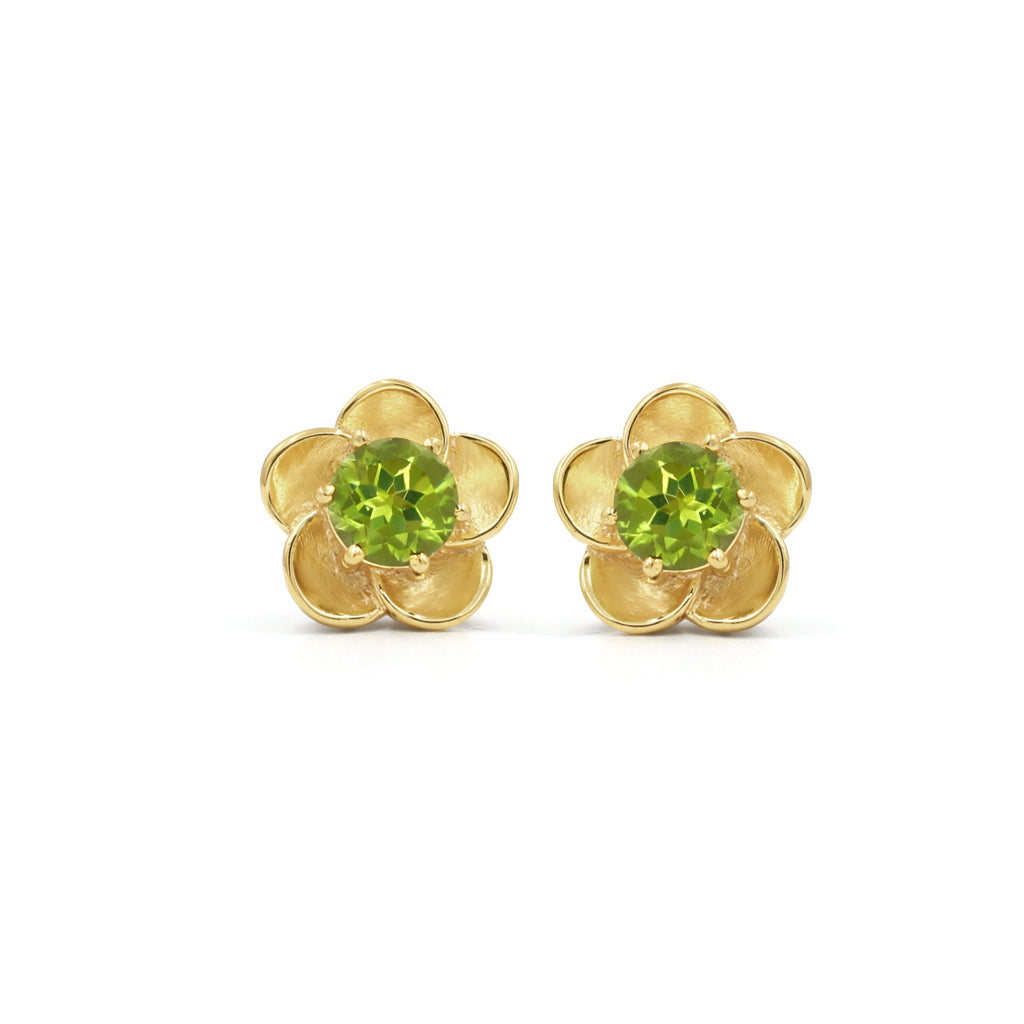 Peridot Flower Stud Earrings Floral Petal Design in 925 Silver