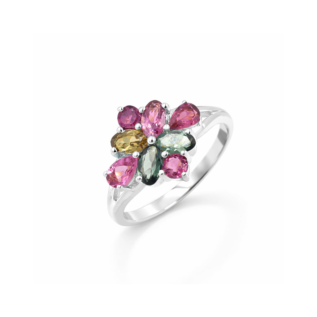 Luxury Multi Tourmaline Summer Flower Ring in 925 Sterling Silver