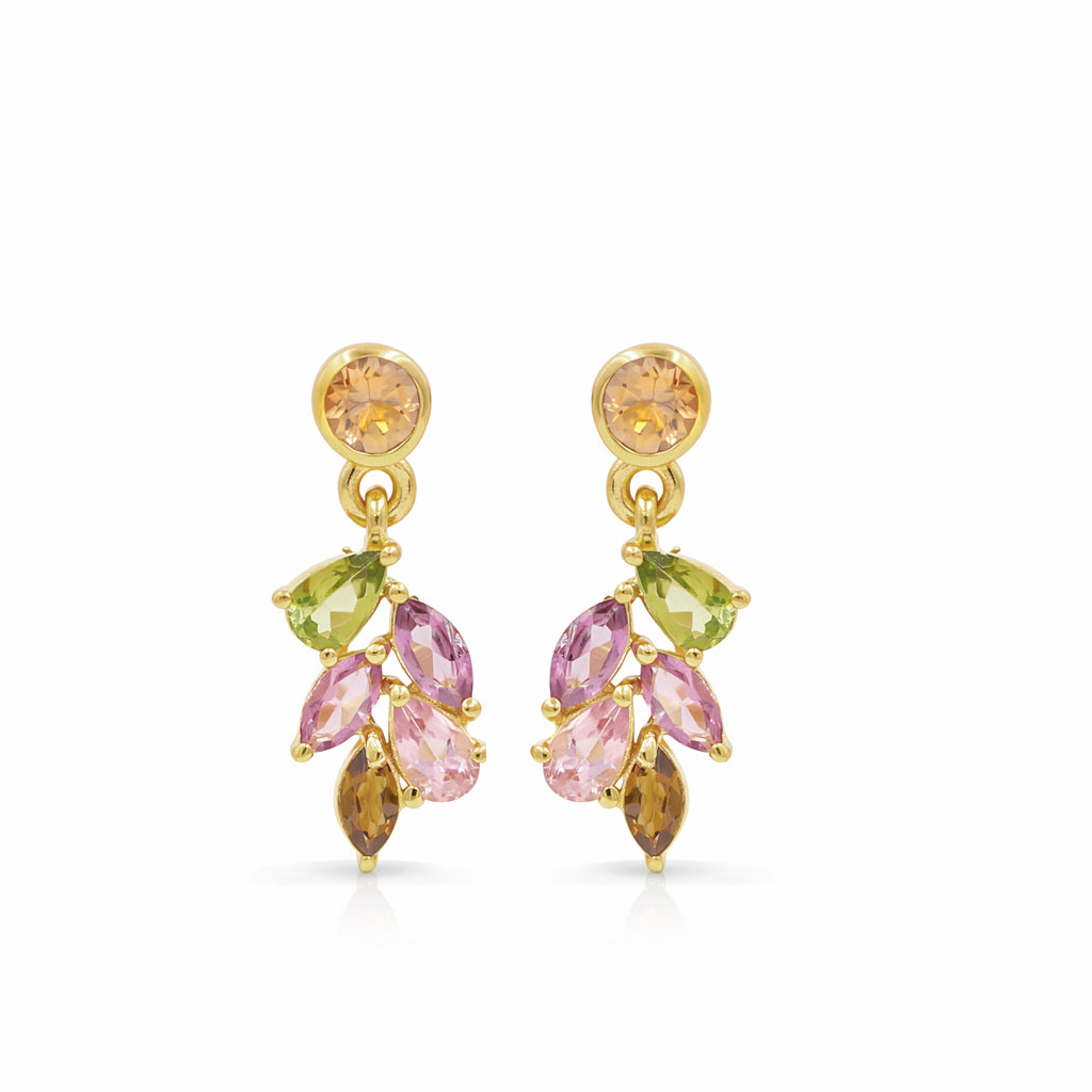 Multi Tourmaline Leaf Design Earrings in 925 Silver