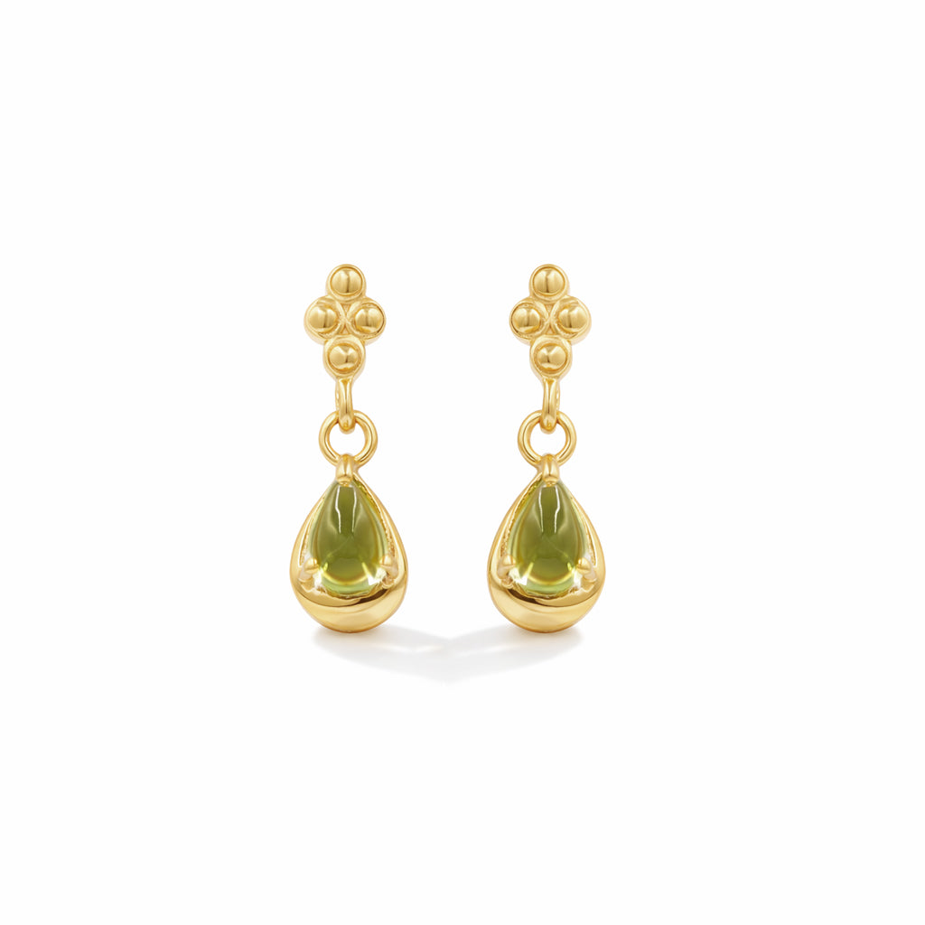 Peridot Cabochon Quatrefoil Drop Earrings in 925 Silver
