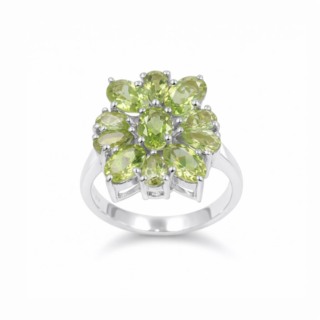 925 Silver Peridot Flower Ring with Oval & Pear Shape Green Gemstones