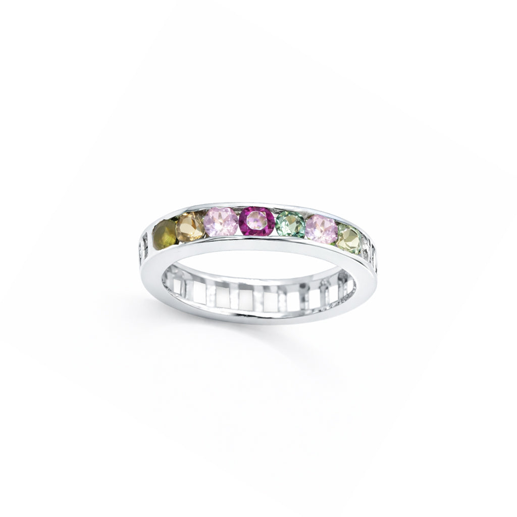 Multi Tourmaline Oval Bar Ring in 925 Sterling Silver Gold Plated