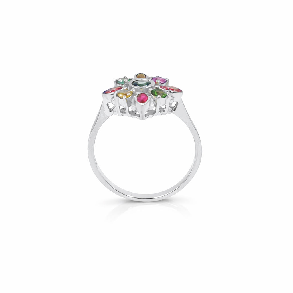 Multi Tourmaline Floral Designer Ring Marquise and Round Stones in 925 Silver