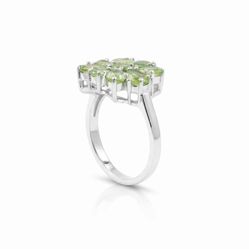 925 Silver Peridot Flower Ring with Oval & Pear Shape Green Gemstones