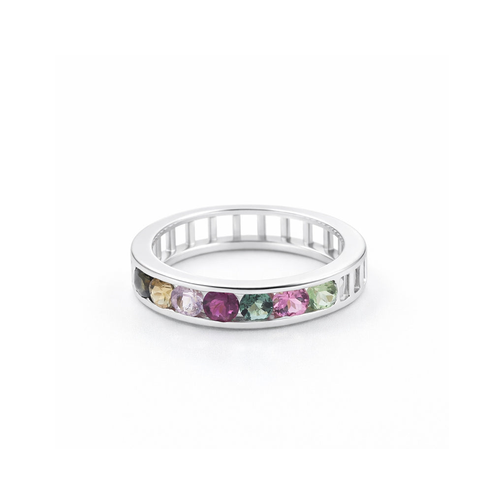 Multi Tourmaline Oval Bar Ring in 925 Sterling Silver Gold Plated