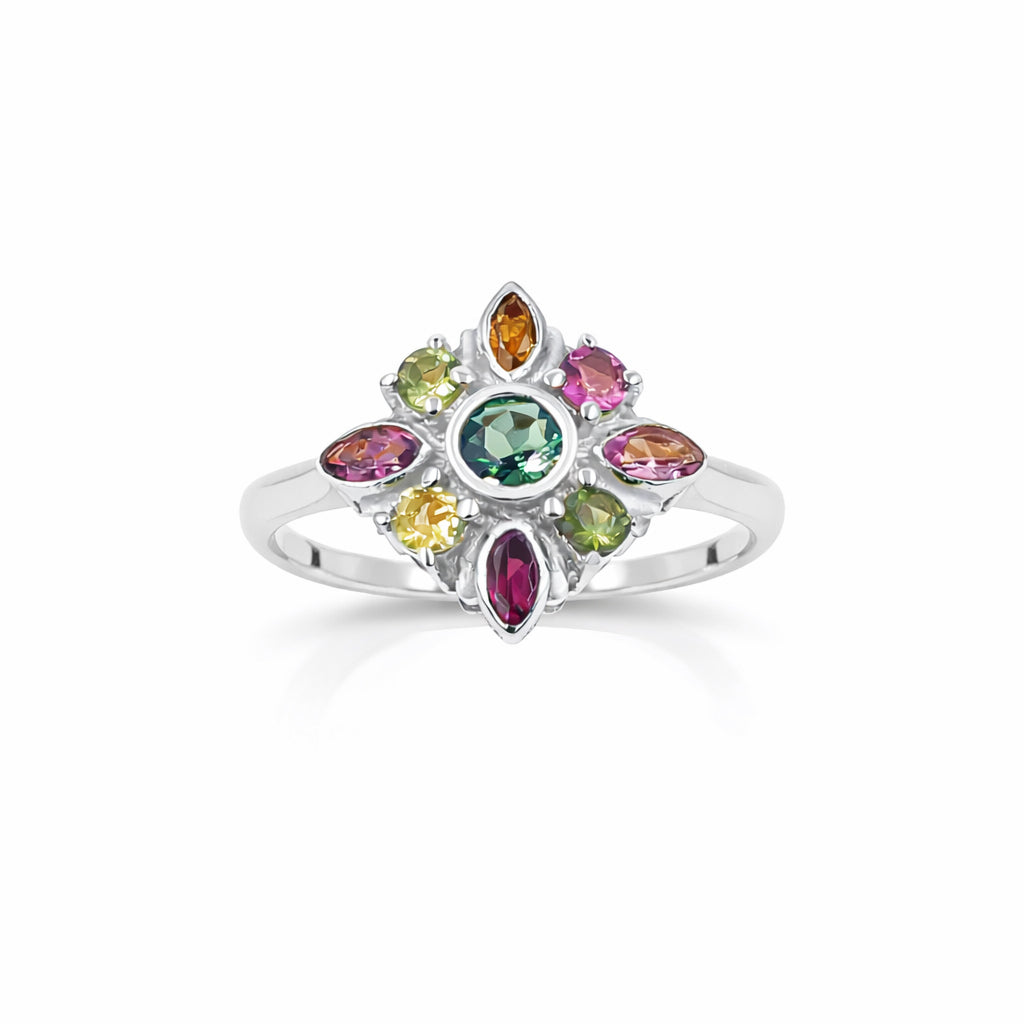 Multi Tourmaline Floral Designer Ring Marquise and Round Stones in 925 Silver