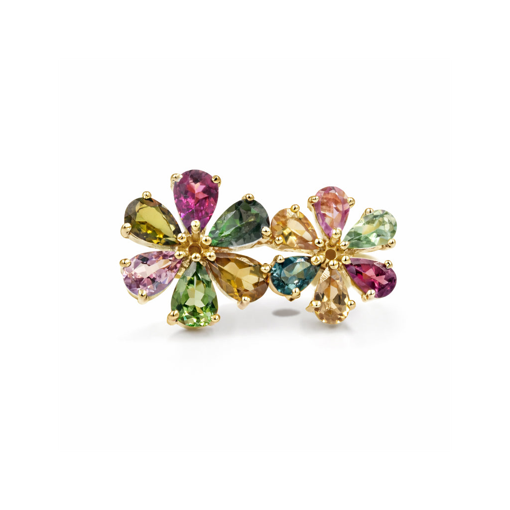 Multi Tourmaline Double Flower Ring American Pasqueflower Inspired in 925 Silver