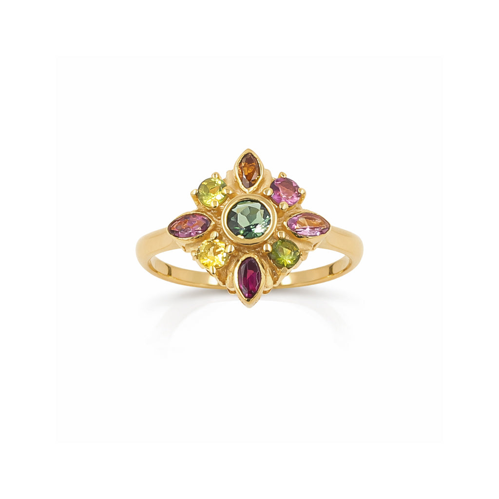 Multi Tourmaline Floral Designer Ring Marquise and Round Stones in 925 Silver