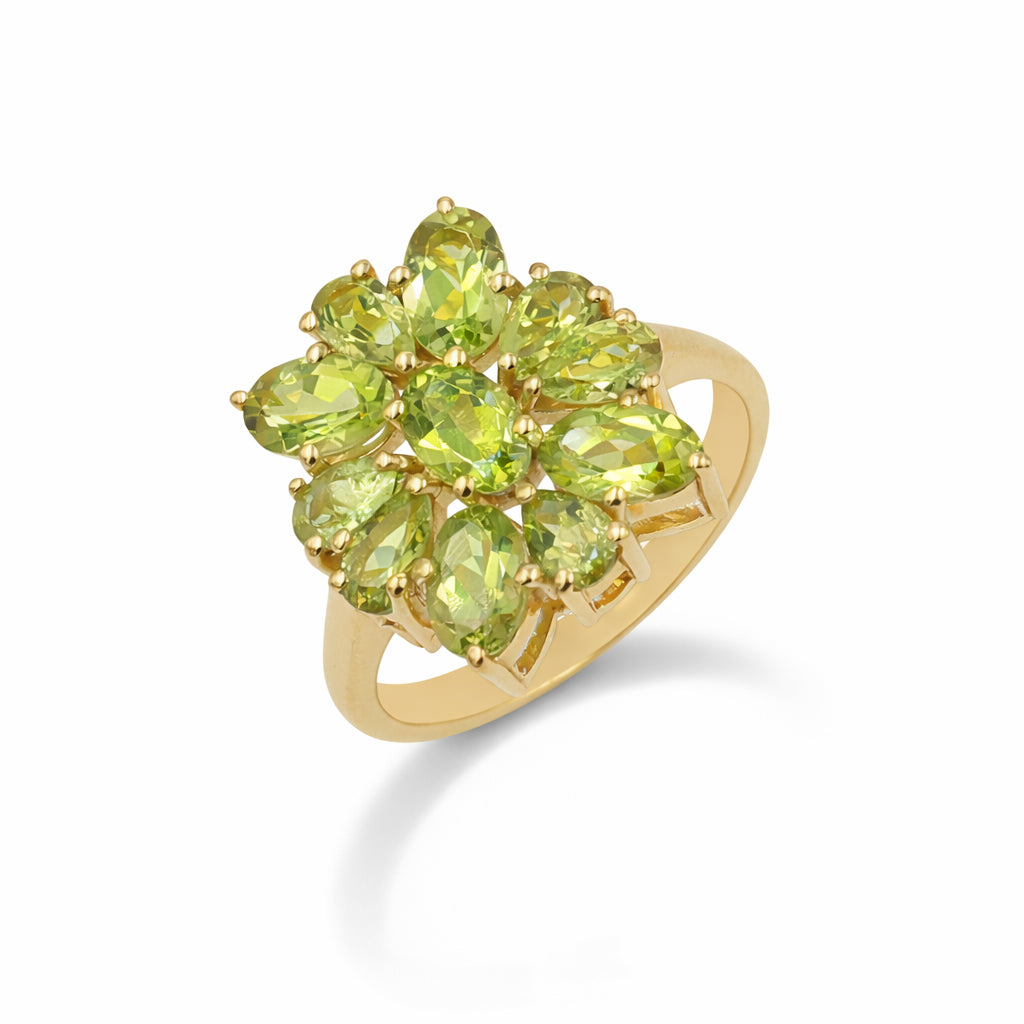 925 Silver Peridot Flower Ring with Oval & Pear Shape Green Gemstones