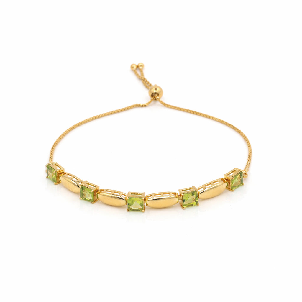 Square Cut Peridot Charm & Chain Link Bracelet with 5 Stones in 925 Silver