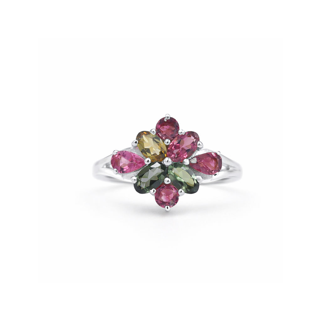 Luxury Multi Tourmaline Summer Flower Ring in 925 Sterling Silver