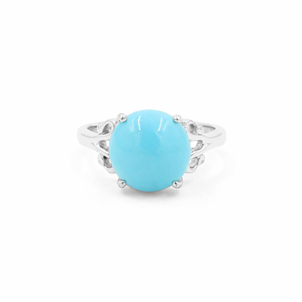 Turquoise Round Cabochon Ring 925 Silver Engraved Design