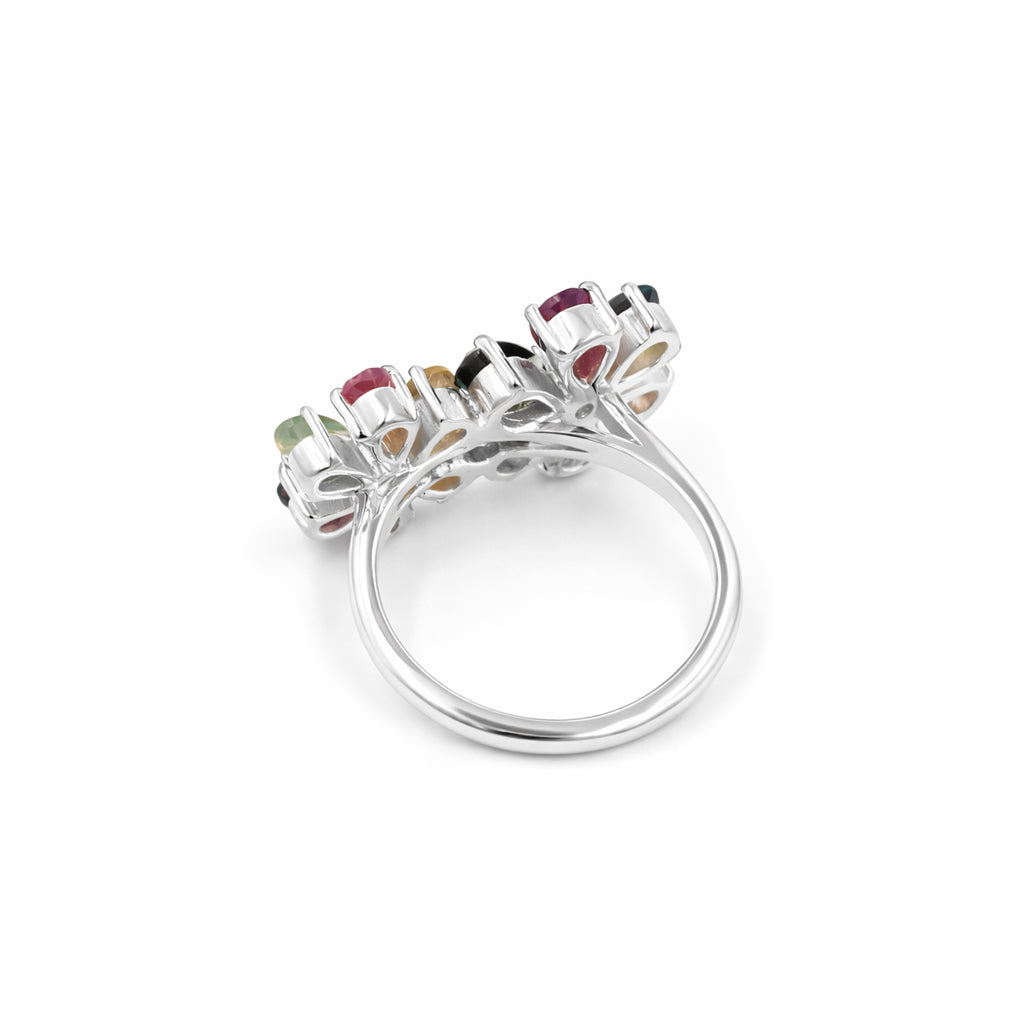Multi Tourmaline Double Flower Ring American Pasqueflower Inspired in 925 Silver
