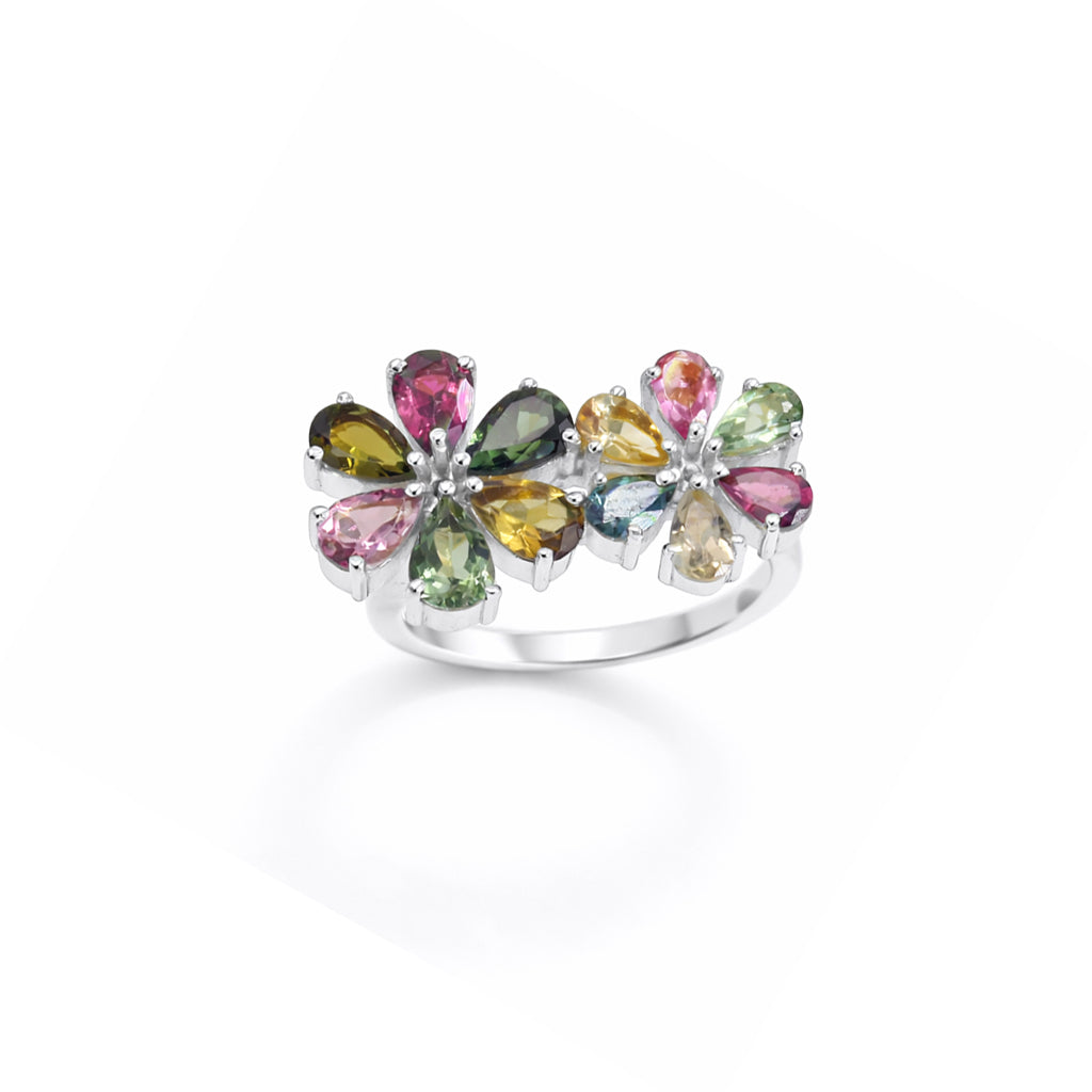 Multi Tourmaline Double Flower Ring American Pasqueflower Inspired in 925 Silver