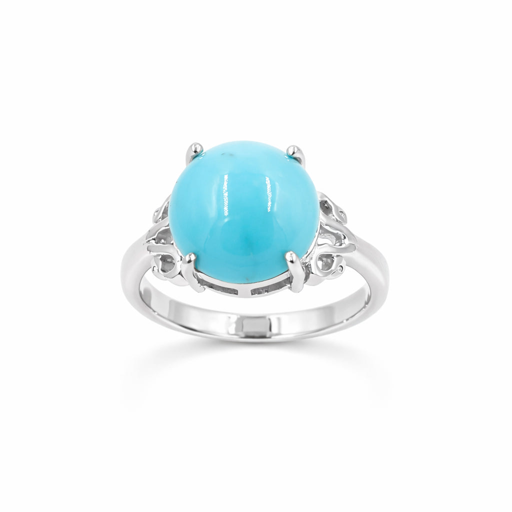 Turquoise Round Cabochon Ring 925 Silver Engraved Design