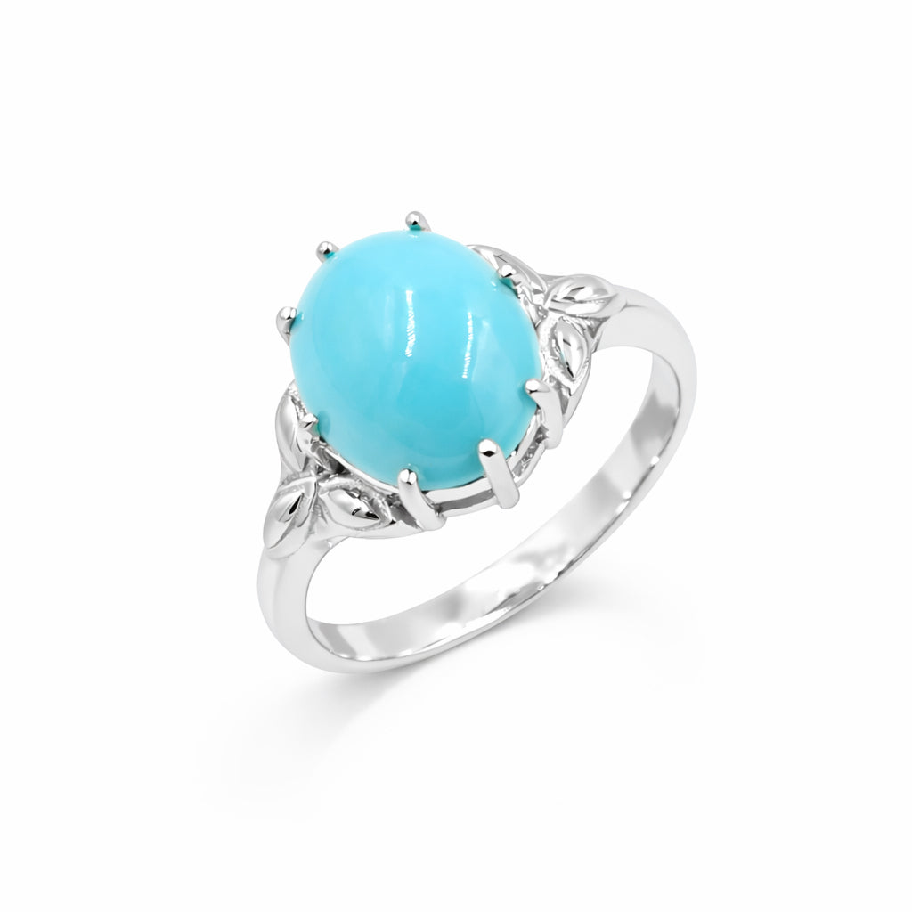 Turquoise Oval Cabochon Leaf Design Ring 925 Silver