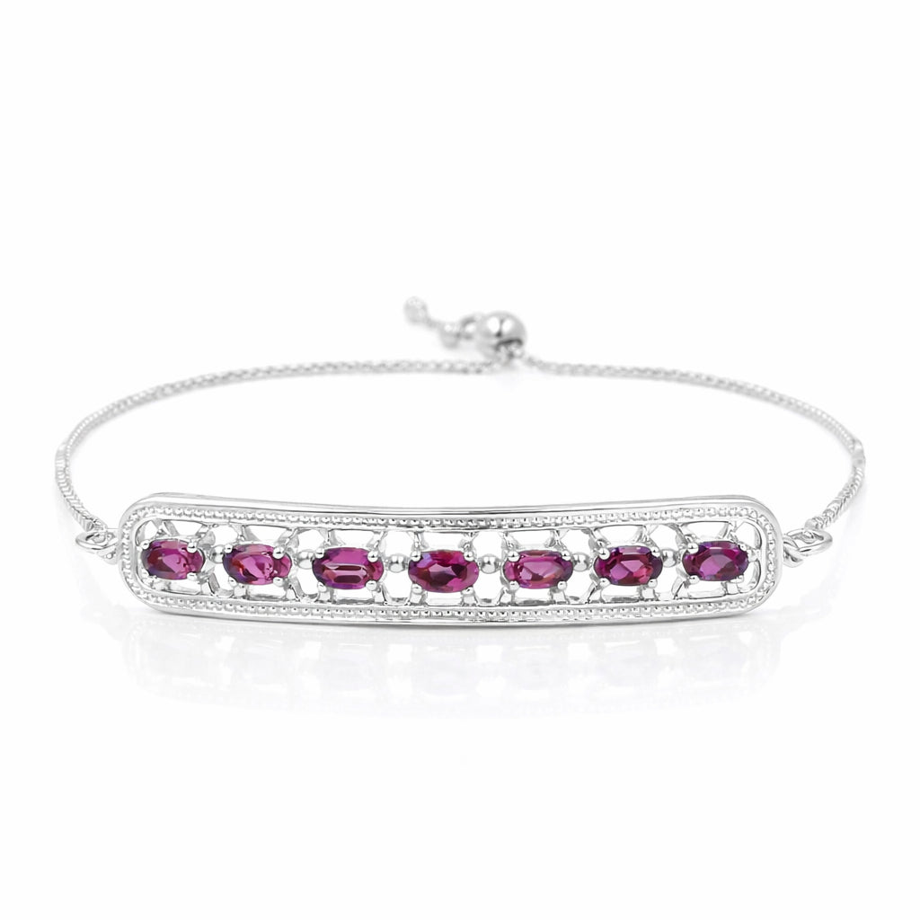 Rhodolite Garnet Oval Semi-Circle Bar Chain Bracelet in 925 Silver